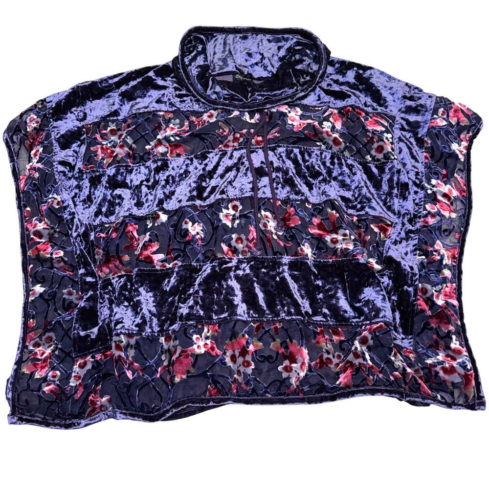 Dor Dor Couture Purple Velvet Floral Burnout Mesh Ponho Top Cowl Neck Medium